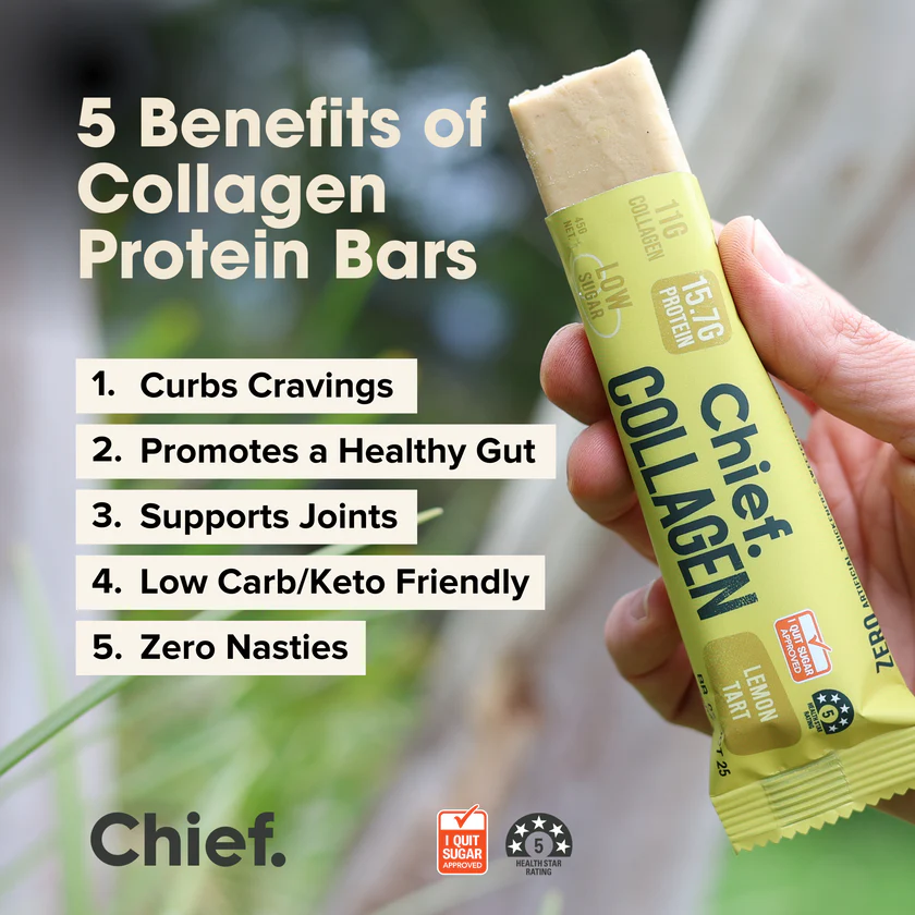 Chief Collagen Riegel Zitrone mit 5 gesundheitlichen Vorteilen: unterstützt Gelenke, Darmgesundheit und ist zuckerfrei & keto-tauglich.