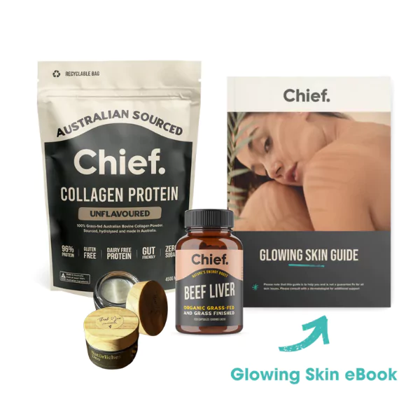 bundle_leber_kollagen_natur_deo Kollagenprotein-Beutel, Rinderleber-Kapseln, Hautpflegeprodukte und ein eBook mit dem Titel ‚Glowing Skin Guide‘. Produkte für strahlende Haut und Gesundheit.