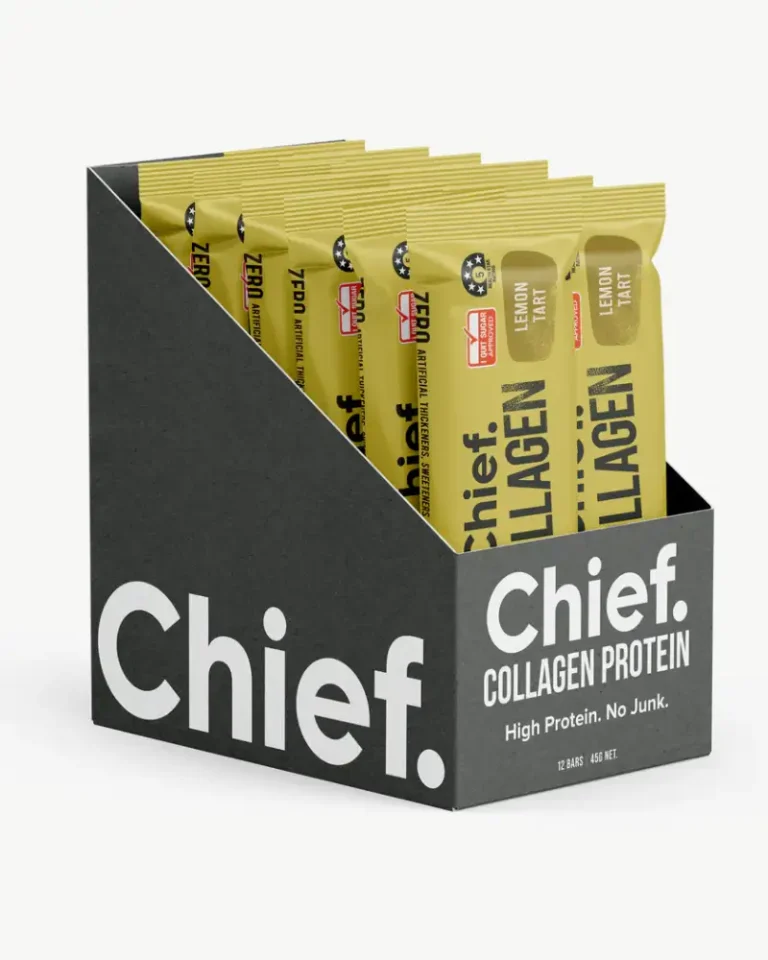 Verkaufsdisplay mit Chief Lemon Tart Collagen Bars – proteinreich, clean label, ideal für den Einzelhandel oder Fitnessstudios.